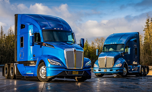 two blue kenworth trucks against a forrest and sky background